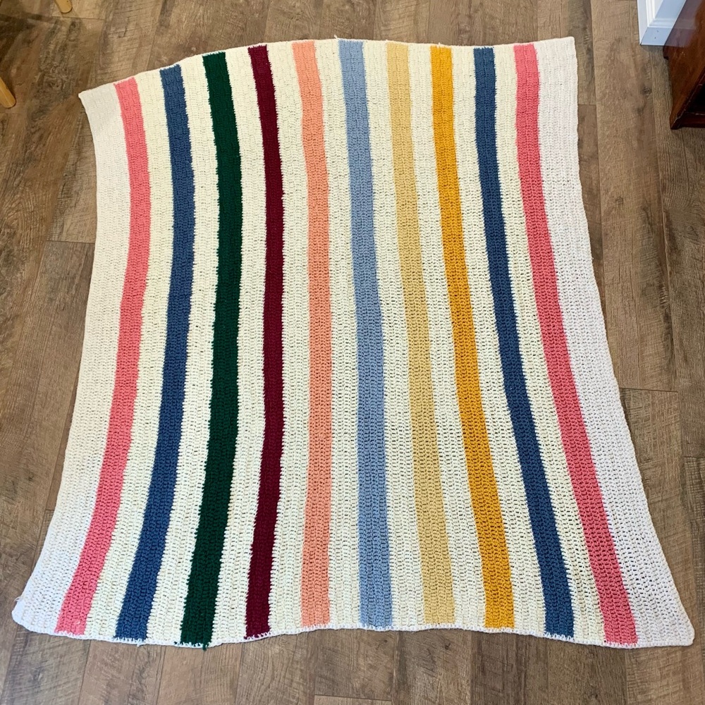 Vintage Striped Rainbow Afghan Throw Blanket 65 x 58 Full Size Hand Crochet
